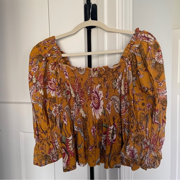 Conditions Apply Anthropologie Yellow Floral Smocked Peplum Blouse - Picture 4 of 5